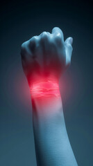 Acute pain in a woman wrist, colored in red on dark blue background