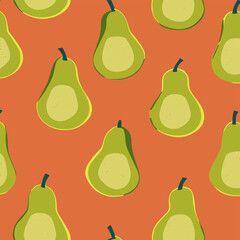 A seamless pattern of green pears with a yellow interior on an orange background