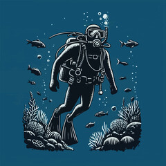 hand drawn scuba diver silhouette
