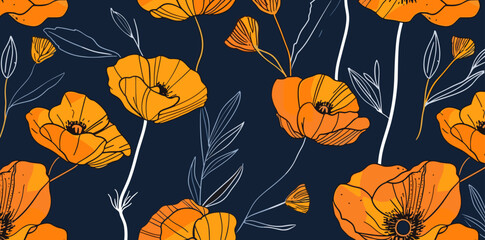 Seamless pattern with hand-drawn orange poppy flowers and white stems on a navy blue background. Perfect for textile wallpaper or digital designs