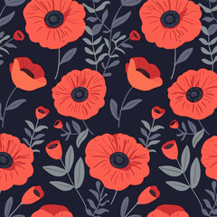 Seamless pattern with red poppy flowers and leaves on dark blue background. The design is perfect for fabric wallpaper and packaging