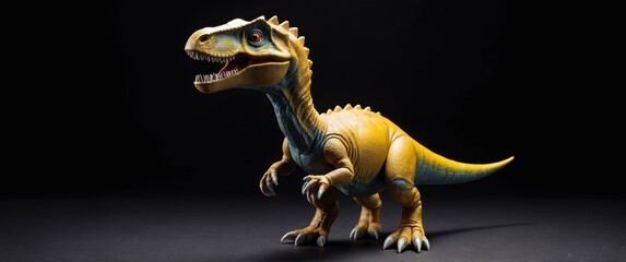 Fototapeta premium A vibrant toy dinosaur on a black background, ideal for educational or decorative use