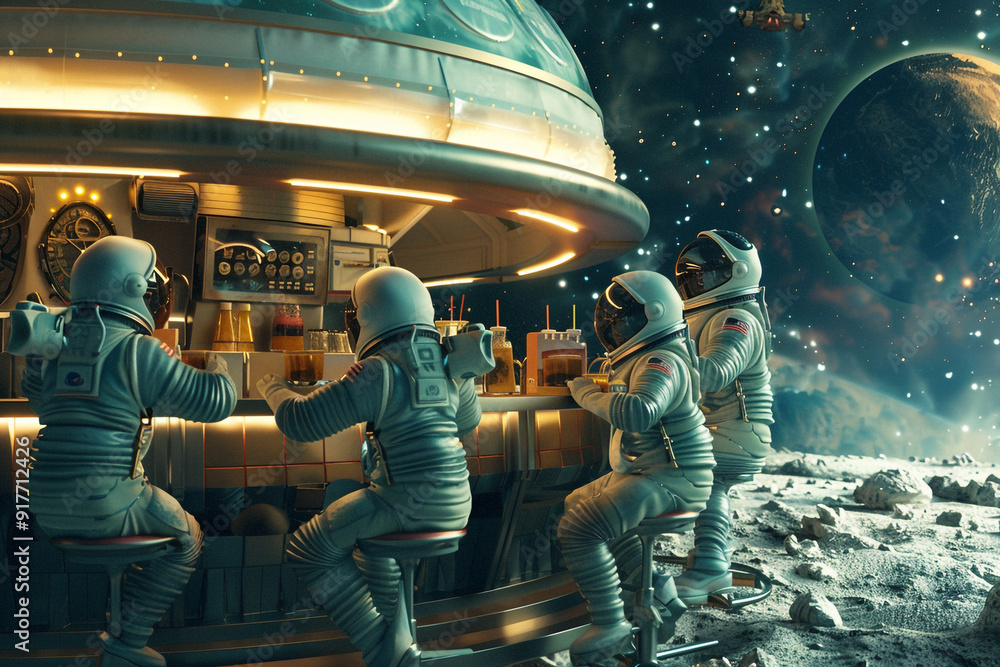 Poster an interstellar diner floating in space serving cosmic milkshakes to astronauts in classic space gea