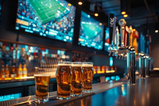 A bar counter with taps and beer cups in the background romanized screen of a football match and bar