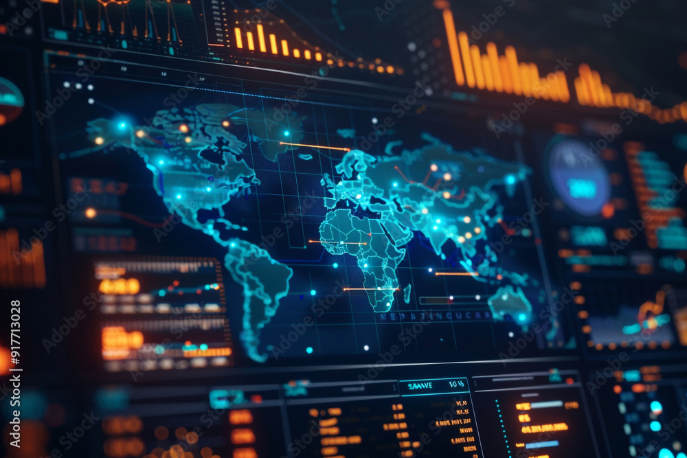Poster an intricate look at a dashboard monitoring global economic indicators with a focus on recession war