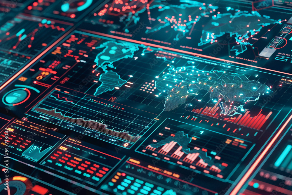 Poster an intricate look at a dashboard monitoring global economic indicators with a focus on recession war