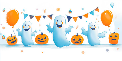 Glowing ghosts with full moon and bats in spooky Halloween night scene