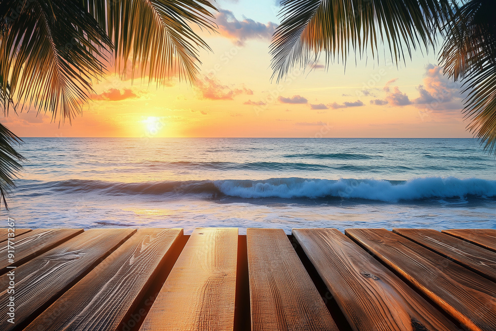 Aufkleber wooden table is on the beach with palm trees in the background. the table is empty and the ocean is 