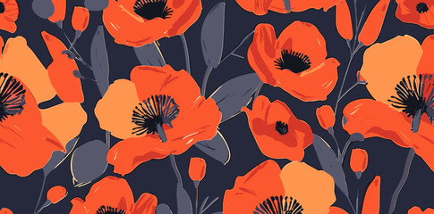 Vibrant red poppies with black centers and gray leaves on a navy blue background creating a seamless pattern perfect for textile prints wallpaper or packaging design