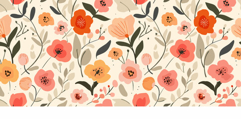 A vibrant hand-painted floral pattern with a seamless design featuring large orange and pink flowers and intricate foliage on a beige background
