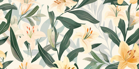 Seamless pattern with white and yellow lilies with green leaves on light background