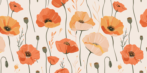 A seamless pattern featuring delicate orange and peach poppies with green stems and seed pods on a pale background