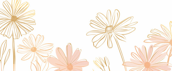 Obraz premium Delicate gold and pink floral design with a white background featuring stylized daisies perfect for invitations cards or decorative elements