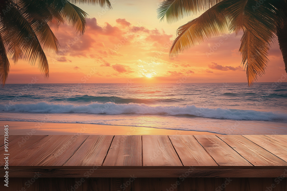 Aufkleber wooden table is on the beach with palm trees in the background. the table is empty and the ocean is 