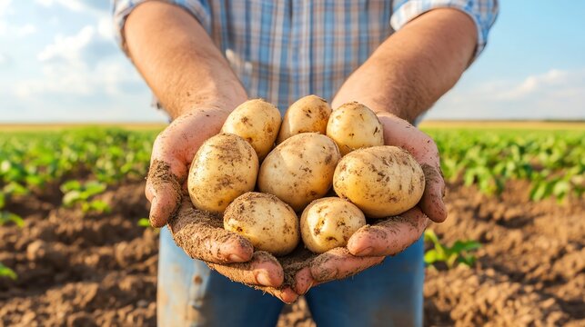 A farmer showcasing freshly harvested potatoes in hands, representing agriculture, farming, and organic produce.