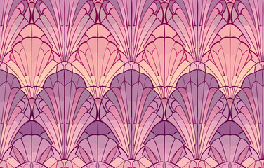 Fototapeta premium Seamless geometric pattern with abstract floral shapes in shades of pink and purple. This pattern has a vintage feel with an art deco aesthetic.