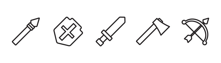 Set of icon weapons. Collection of weapons outline icons such as sword, axe, bow, spear, shield, crossbow, scimitar and rapier vector illustration in transparent background. Game icon, Eps10