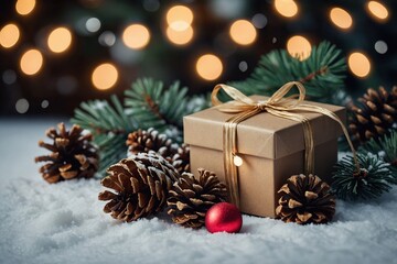 Christmas Gift Box, Fir Branches And Pine cones, On Snow With Christmas Lights 