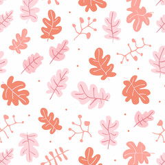 Seamless pattern of pink and orange leaves and branches on a white background. Perfect for textile wallpaper and wrapping paper designs