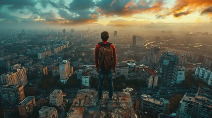 Naklejka premium A lone figure stands on a rooftop overlooking a sprawling cityscape at sunset. The sky is ablaze with vibrant colors, creating a dramatic backdrop.