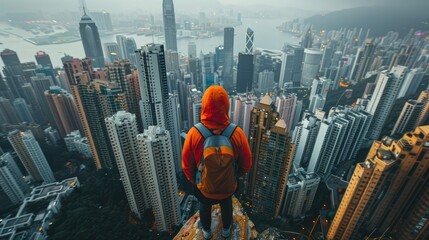 A lone figure stands on a rooftop overlooking a sprawling cityscape, with towering skyscrapers reaching for the cloudy sky.