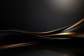 Abstract black and gold background with wavy lines and glitter.