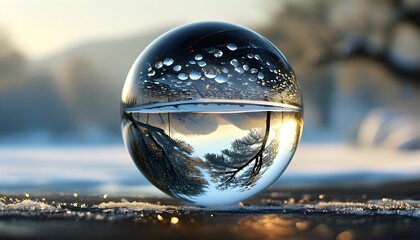 A crystal ball reflects a tranquil scene of sunset and reflections of trees.