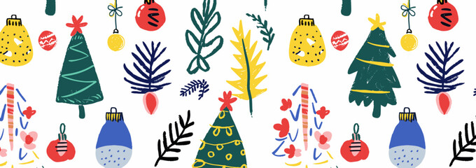 A festive Christmas pattern featuring hand-drawn elements like Christmas trees ornaments and foliage in a vibrant color palette