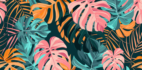 Vibrant tropical leaves in a seamless pattern design featuring various shades of green pink and orange creating a visually appealing and versatile background for digital or print projects