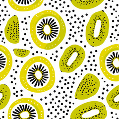 A bright and colorful seamless pattern featuring kiwi fruit slices and black polka dots on a white background. Perfect for adding a touch of freshness to any design project