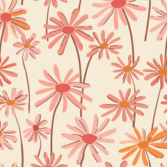 Seamless pattern of pink and orange daisies on a cream background perfect for textile wallpaper or digital design