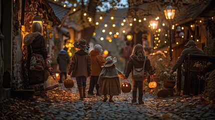 Traditional Halloween celebration with kids in vintage costumes trick-or-treating along cobblestone streets