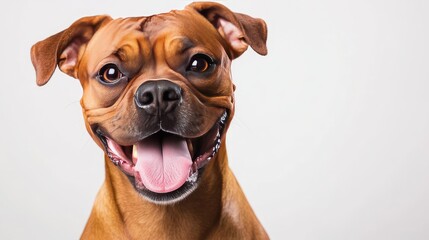 Obraz premium A happy dog sitting with its tongue out, isolated on a white background, looking cheerful and ready to play.