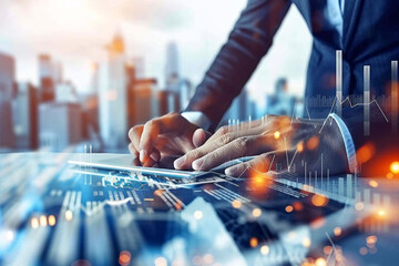 A professional analyzing financial data on a tablet with cityscape in the background. The image highlights the integration of technology and finance, featuring graphs, charts.