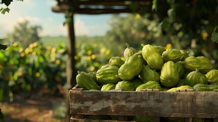 
Realistic photo of basket or crate of vegetables with many Chayote inside with beautiful yard or plantation background