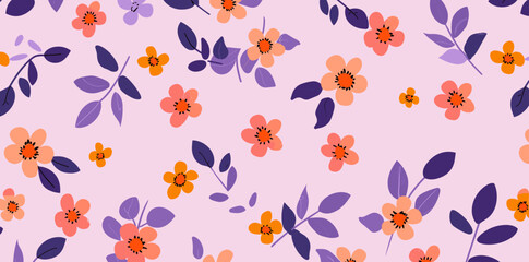 A repeating pattern of colorful flowers leaves and buds on a pink background. This cheerful and bright design is perfect for textile prints home decor or packaging