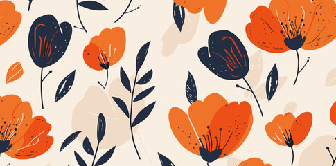 Seamless pattern with orange and blue abstract flowers and leaves on a light background. This pattern is perfect for textile prints wallpaper or any other creative project