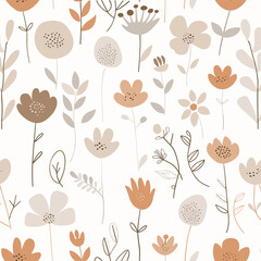 Seamless pattern of stylized flowers in neutral colors on a white background. This design is perfect for textile wallpaper packaging and other creative projects