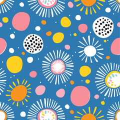 Seamless pattern with hand-drawn abstract floral elements on blue background. Perfect for textile design wallpaper wrapping paper or digital design projects