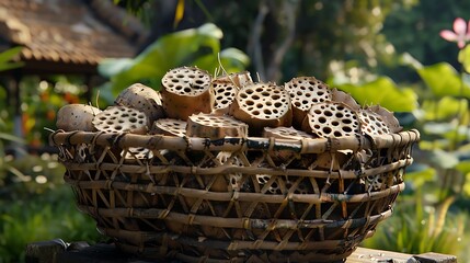 Obraz premium Realistic photo of vegetable basket or crate with lots of Lotus root inside with beautiful yard or plantation background