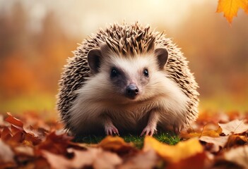 A Cute Hedgehog Sitting in Autumn Leaves with a Beautiful Fall Landscape in the Background. Banner with Space for Text
