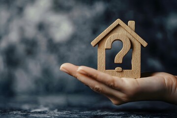 Wooden logo in the shape of a house with a question mark. Real estate market concept. Questions and decisions about property and home acquisition.