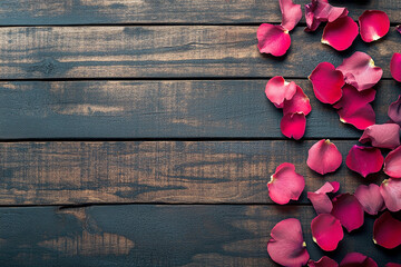 Fototapeta premium A wooden background with rose petals scattered on the right side,