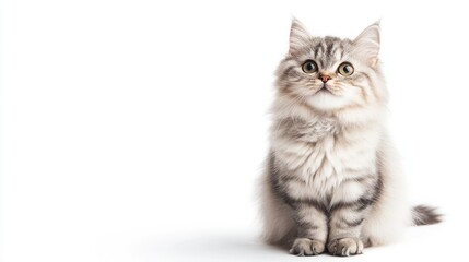 Obraz premium A happy Persian cat with a regal posture, sitting on a white background, exuding grace and charm.