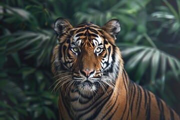 Fototapeta premium Majestic tiger gazing amid lush foliage.
