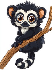 Fototapeta premium Cute Cartoon Lemur with Big Eyes on a Branch