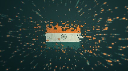 Indian Flag in Digital Pixels Abstract Tricolour with Ashoka Chakra for Modern Patriotic Themes