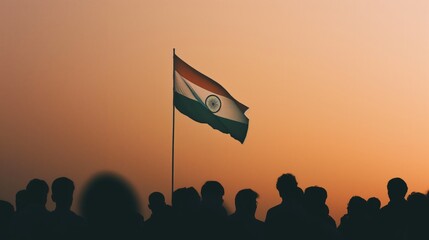 Indian National Flag Silhouette of Crowd with Tricolour at Sunset for Patriotic Gatherings