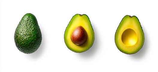 Three avocadoes, one is whole and two avocados cut in half with the pit visible on white background