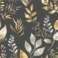 Seamless pattern with gold and silver leaves on a dark gray background perfect for elegant designs invitations and wallpaper